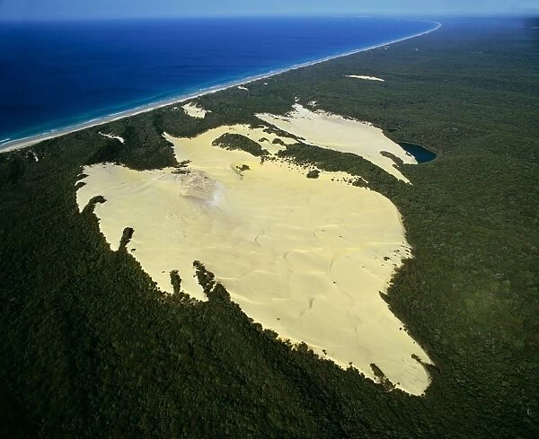 Aerial - Lake Wabby deepest perched lake, being engulfed by sand dune, Fraser Island, Queensland, Australia JPF34171