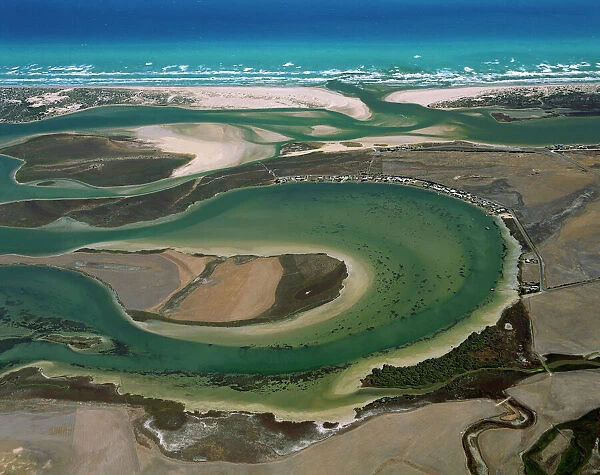 Aerial - Murray River mouth with Hindmarsh Island & Younghusband & Sir Richard Peninsulas South Australia JPF49643