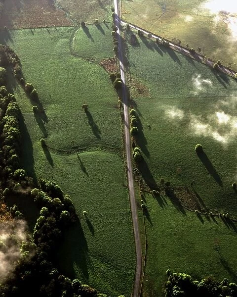 Aerial - Oxley River Valley farmland, between Mount Warning & the McPherson Range New South Wales, Australia JPF48233