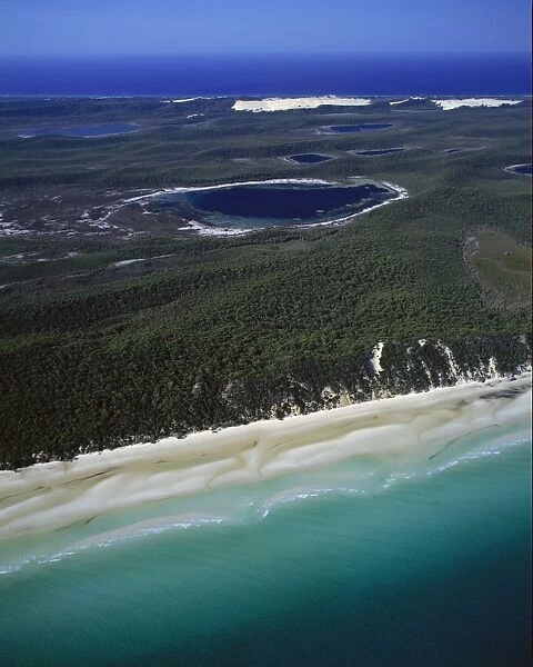 Aerial of Platypus Bay with lakes and lagoons, Great Sandy National Park, Fraser Island, Queensland, Australia JPF33763