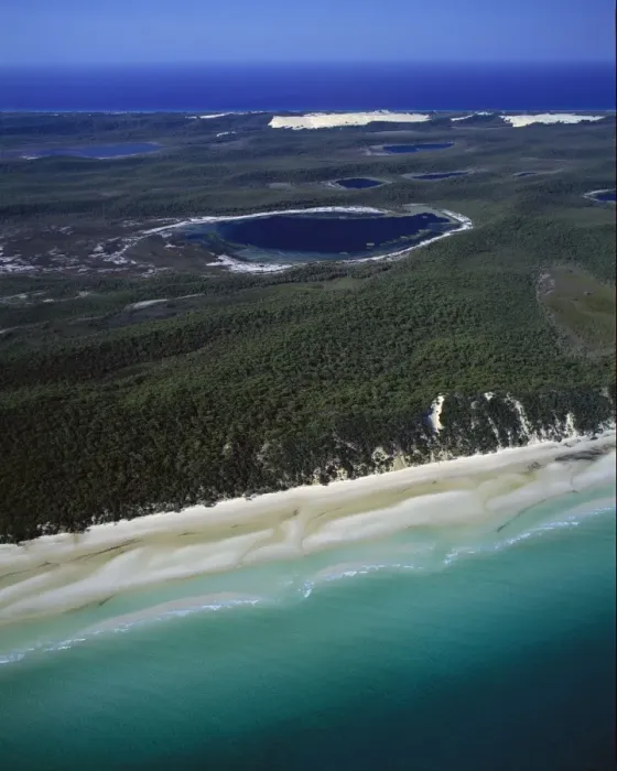 Framed Print : Aerial of Platypus Bay with lakes and lagoons, Great Sandy National Park, Fraser Island, Queensland, Australia JPF33763
