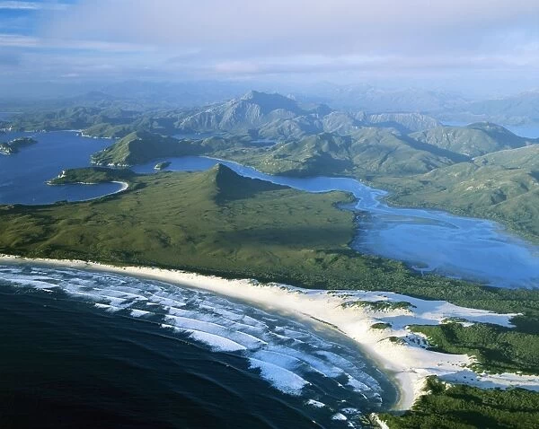 Aerial - Port Davey (southern shores), Stephens Bay, Hannant Inlet, and Mount Rugby beyond JPF49253 Southwest National Park, Tasmania (World Heritage Area), Australia