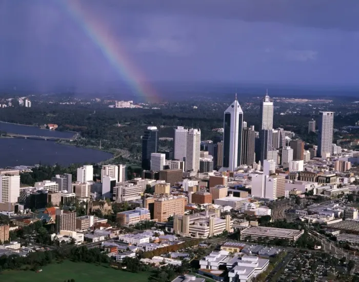 Framed Print : Aerial - Rainbow over Perth, Western Australia JPF46414 Framed Print : Aerial - Rainbow over Perth, Western Australia JPF46414