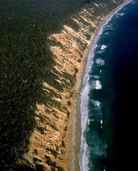 Aerial - Sand cliffs - Cooloolah Section, Great Sandy National Park, Queensland, Australia JPF52892