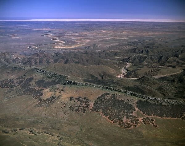 Aerial - South Flinders Ranges near Hawker with salt lake in the far distance, South Australia JPF43139