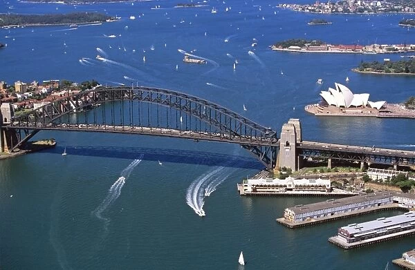 Aerial - Sydney Opera House & Bridge from the air Sydney, New South Wales, Australia JPF46843