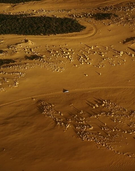 Aerial: ‘The Pinnacles limestone pillars formed underground by vertical seepage, and cemented by dissolved lime. Shifting sand dunes exposed pillars in the past 200 years, Nambung National Park, Western Australia JPF43772