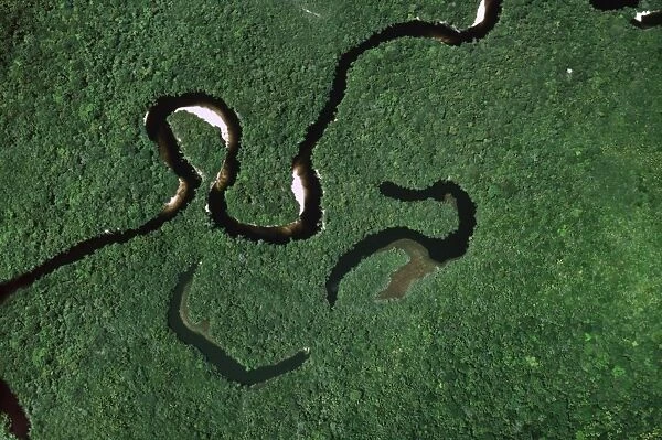Aerial view of Rain Forest with Caroni River and Ox-Bows, Venezuela, South America