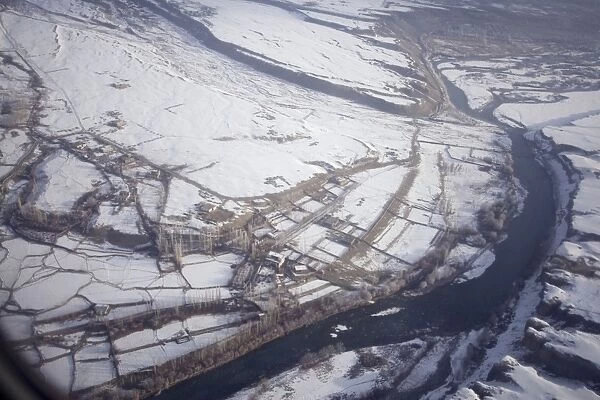 Aerial winter view of the Indus and villages. Ladakh J&K India