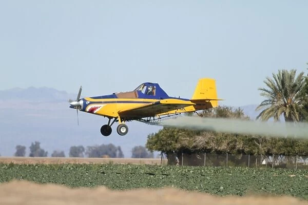 Aeroplane - crop duster spraying agricultural fields in southern California in January - USA