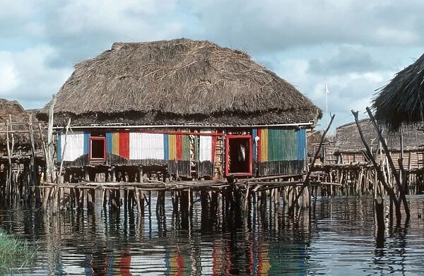 African bamboo hut built on stilts in fishing village on Lake Nokoue near Cotoneau Benin Africa