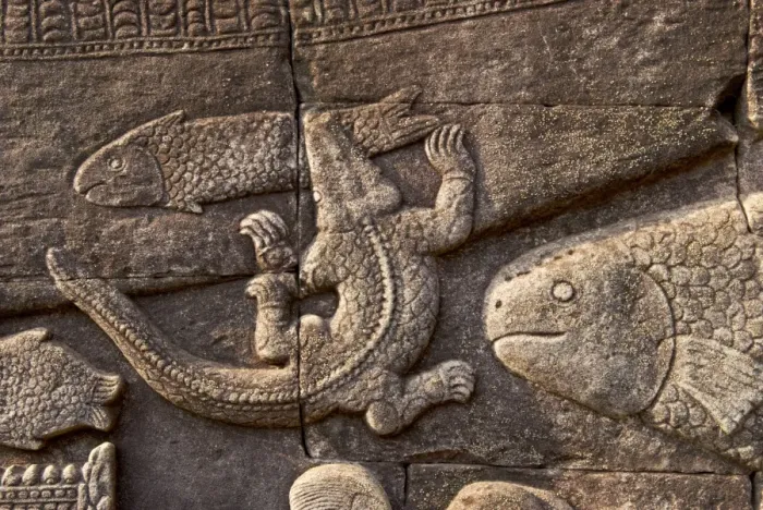 Framed Print : Angkor Bayon bas-reliefs Fish and crocodile - Cambodia Framed Print : Angkor Bayon bas-reliefs Fish and crocodile - Cambodia