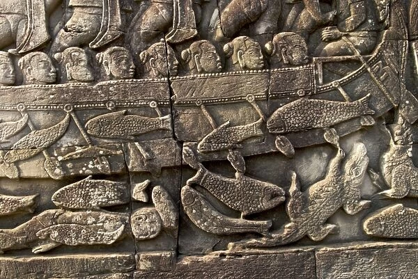 Angkor Bayon bas-reliefs Fish and crocodile cham warship - Cambodia