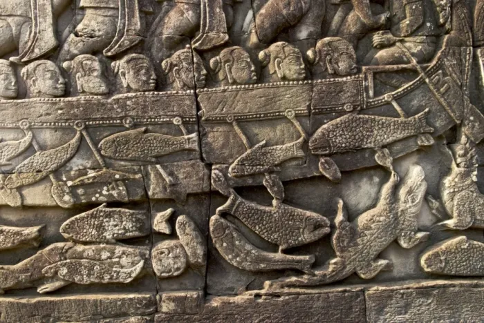 Framed Print : Angkor Bayon bas-reliefs Fish and crocodile cham warship - Cambodia Framed Print : Angkor Bayon bas-reliefs Fish and crocodile cham warship - Cambodia
