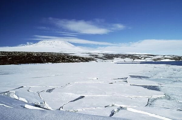 Antarctica - pack ice & Mount Erebus, active volcano. Ross Island, Antarctica