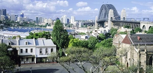 Argyle Place and Holy Triity Church, The Rocks, with Sydney Harbour Bridge and North Sydney beyond from Observatory Park, Sydney, New South Wales, Australia JLR07051