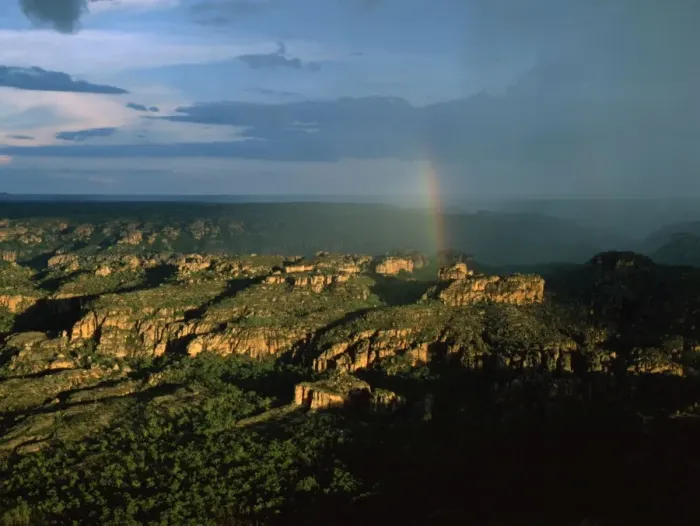 Framed Print : Arnhemland Escarpment - with tropical rain storm approaching and rainbow, wet season (January). Sandstone: Kombolgie Formation (early Proterozoic: 1700Ma) JPF51145 Framed Print : Arnhemland Escarpment - with tropical rain storm approaching and rainbow, wet season (January). Sandstone: Kombolgie Formation (early Proterozoic: 1700Ma) JPF51145