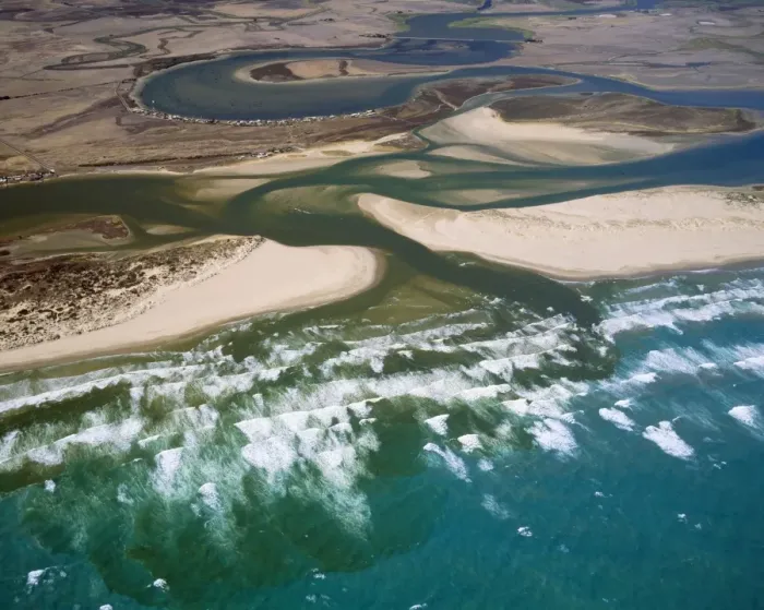 Framed Print : Australia - Estuary, Murray river mouth. Sir Richard Peninsula on left Younghusband Peninsula, Coorong National Park, right. Park is over 46, 000 hectares & stretches 140 km Framed Print : Australia - Estuary, Murray river mouth. Sir Richard Peninsula on left Younghusband Peninsula, Coorong National Park, right. Park is over 46, 000 hectares & stretches 140 km