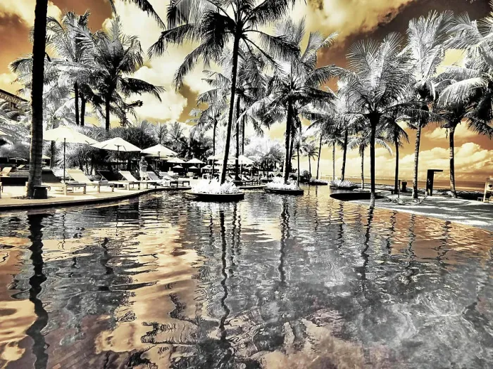 Framed Print : Bali, Ubud. Ponds and pools at hotel in Ubud Date: 14-04-2018
