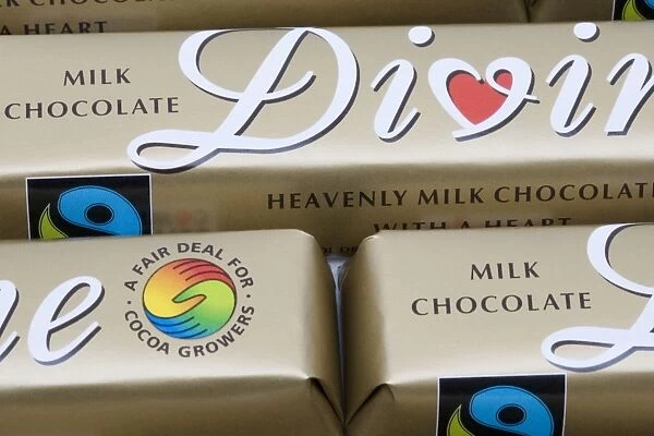 Bars of fair traded Divine chocolate with Fairtrade logo
