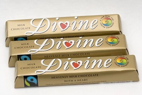 Bars of fairtraded Divine chocolate - with Fairtrade logo made with cocoa from Ghana in West Africa