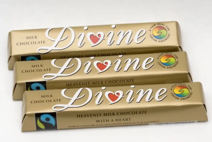 Framed Print : Bars of fairtraded Divine chocolate - with Fairtrade logo made with cocoa from Ghana in West Africa