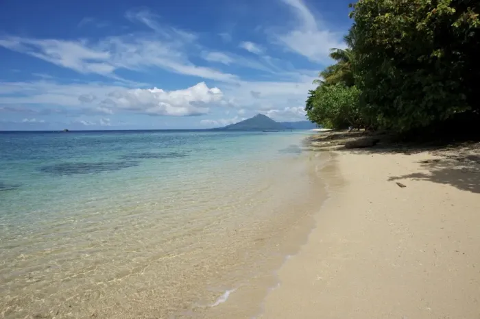 Framed Print : Beach scene - Island of Ai - view toward Api - Spice Islands Indonesia Framed Print : Beach scene - Island of Ai - view toward Api - Spice Islands Indonesia