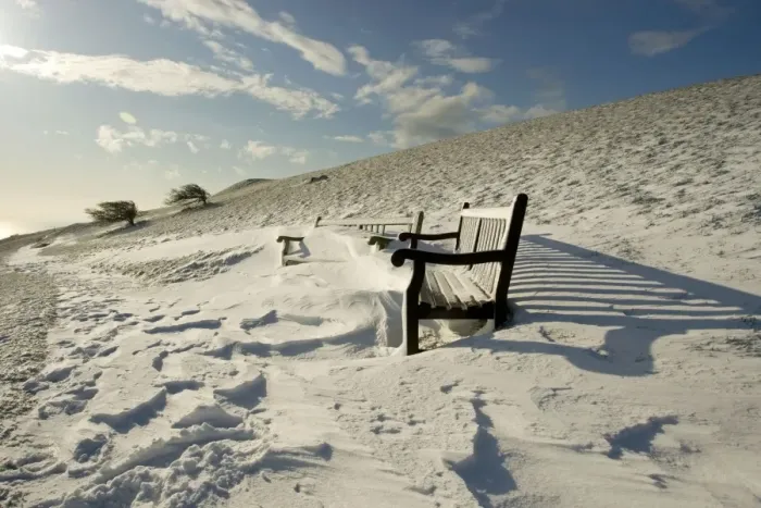 Framed Print : Benches covered in snow - South Downs - East Sussex - United Kingdom Framed Print : Benches covered in snow - South Downs - East Sussex - United Kingdom