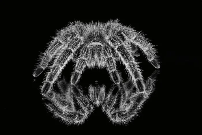 Framed Print : Black and white of Mexican redknee tarantula reflected on mirror. Date: 31-12-1999 Framed Print : Black and white of Mexican redknee tarantula reflected on mirror. Date: 31-12-1999