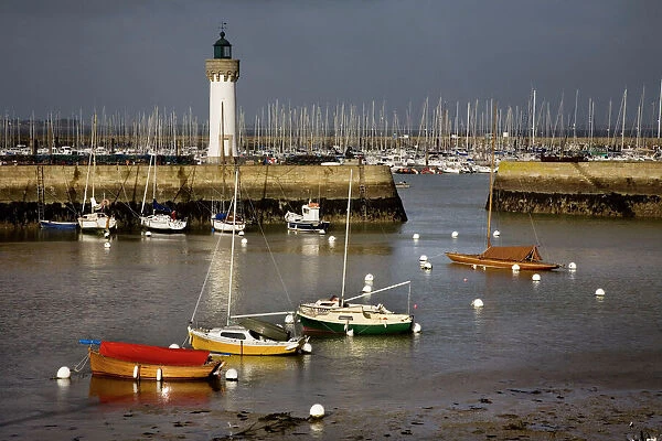 Boats in harbour with lighthouse. Quiberon port Haliguen - Brittany - France