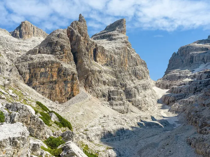 Framed Print : Bocca del Tuckett and Cima Sella. The Brenta Dolomites, UNESCO World Heritage Site. Italy, Trentino, Val Rendena Date: 17-09-2020