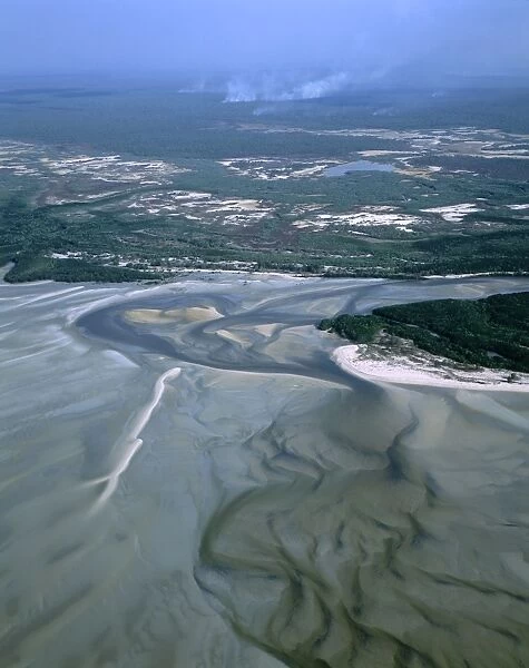Boucaut Bay, aerial sandy beach & mangrove, bushfire in distance, Arnhemland, Northern Territory, Australia JPF48711