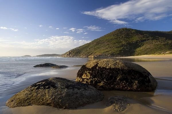 Boulders on beach - beautiful boulders in Whisky Bay. Late afternoon - Wilsons Promontory National Park, Victoria, Australia