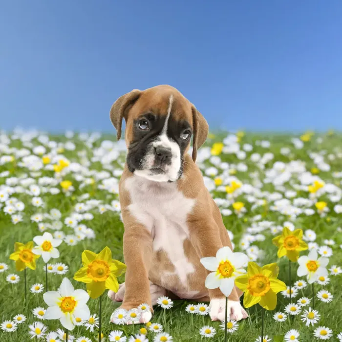 Framed Print : Boxer Dog puppy in spring flowers, daisies and daffodils Framed Print : Boxer Dog puppy in spring flowers, daisies and daffodils