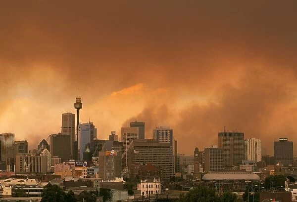 Bushfires - Smoke from raging bushfire dwarfs the Sydney city centre - View from Sydney - New South Wales, Australia JPF33269
