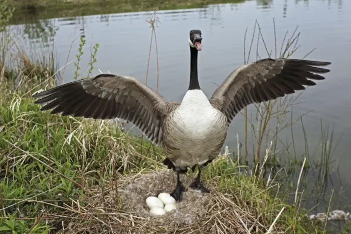 Framed Print : Canada Goose (Branta canadensis) Defending nest with eggs -New York-The most common and best-known goose- identified by the black head and neck and broad white cheek-Breeds on lake shores