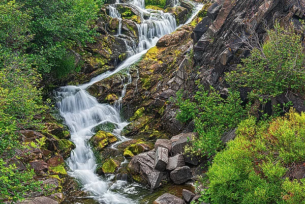 Canada, New Brunswick. River waterfall and rocky rapids. Date: 28-07-2017