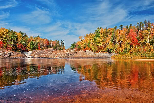 Canada, Ontario, Chutes Provincial Park. Reflections on Aux Sables River in autumn. Date: 08-10-2019