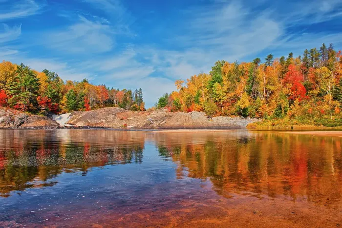 Framed Print : Canada, Ontario, Chutes Provincial Park. Reflections on Aux Sables River in autumn. Date: 08-10-2019 Framed Print : Canada, Ontario, Chutes Provincial Park. Reflections on Aux Sables River in autumn. Date: 08-10-2019