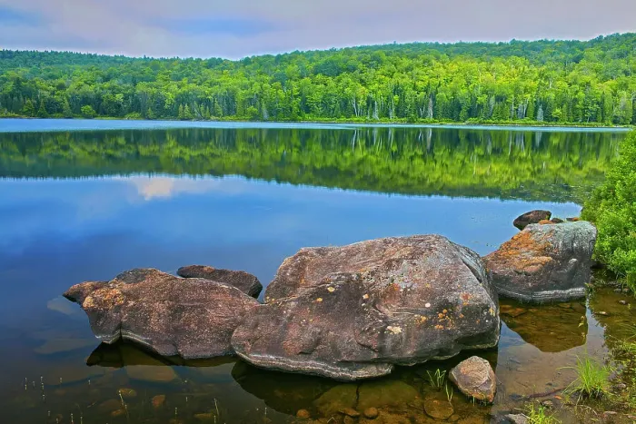 Framed Print : Canada, Quebec, La Mauricie National Park. Rocks along Lake Bouchard shore. Date: 17-07-2017
