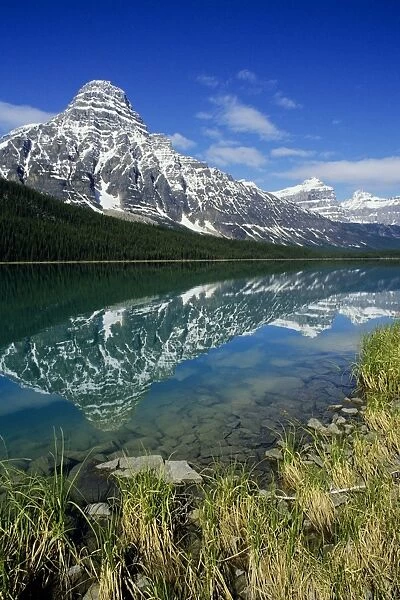 Canada - upper Waterfowl Lake reflecting Mount Chephren, Summer. Canadian Rockies, Banff National Park, Alberta. S1578