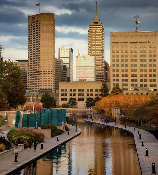 Framed Print : Canal with downtown view, White River State Park, Indianapolis, Indiana, USA. Date: 03-11-2018