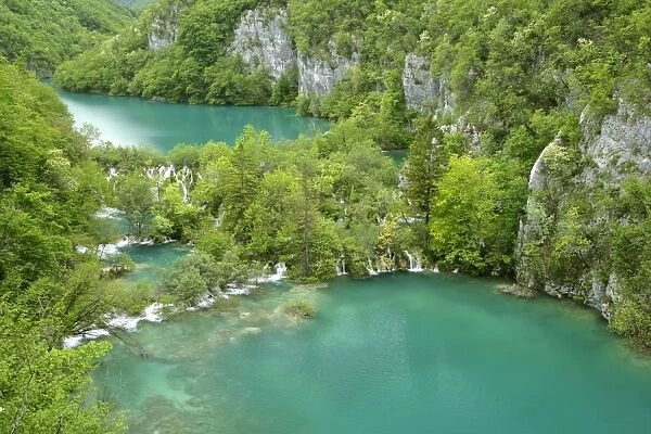 Canyon lower lakes area and cascades from above Plitvice Lakes National Park, Croatia