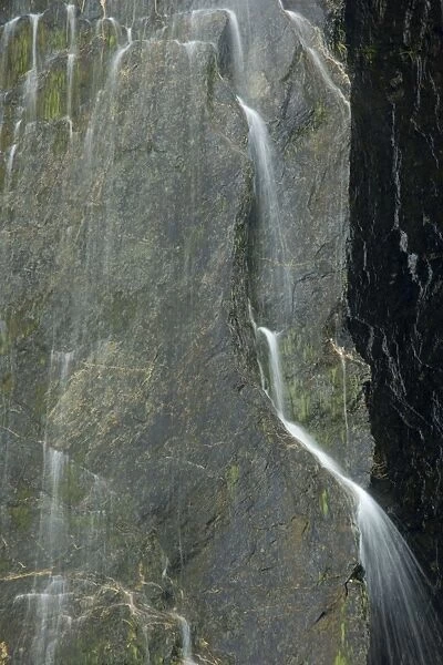 Cascades water falling down nearly vertical cliff creating many tiny cascades Franz Josef Glacier, Westland National Park, West Coast, South Island, New Zealand