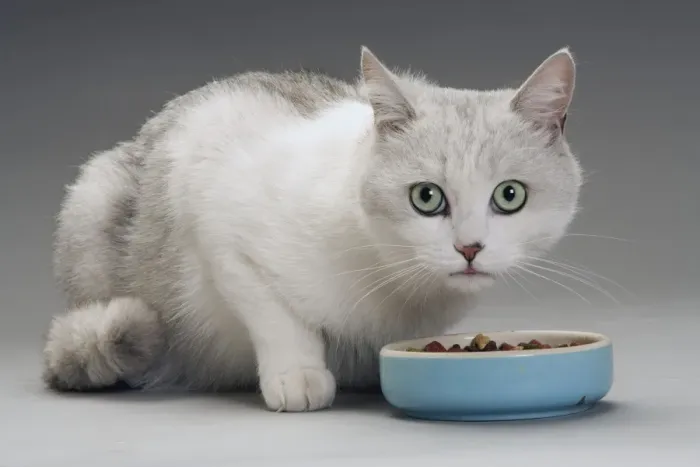 Framed Print : Cat - white & grey cat in studio eating from a bowl Framed Print : Cat - white & grey cat in studio eating from a bowl