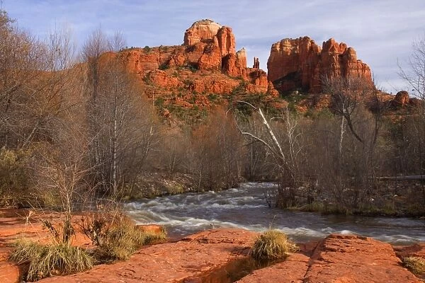 Cathedral Rock - view of the west face of Cathedral Rock across Oak Creek. In early spring - Red Rock Crossing - Crescent Moon State Park, Arizona, USA