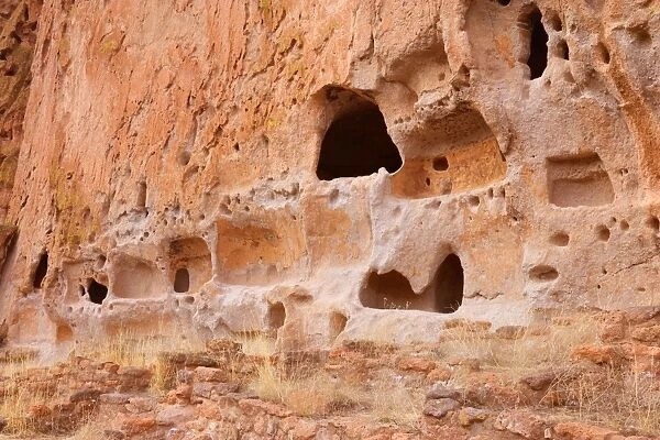 Cave dwelling - group of cave dwellings called Long House in Frijoles Canyon - These puebloan ruins were occupied for nearly 500 years until the late 1500s - Bandelier National Monument - Jemenez Mountains - New Mexico - USA