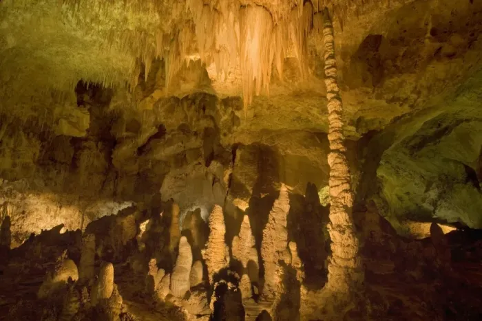 Framed Print : Cave Formations - amazing cave formations including a formation of draperies called The Chandeler and a stalagmite called Totempole as focus points - Carlsbad Caverns National Park, New Mexico, USA Framed Print : Cave Formations - amazing cave formations including a formation of draperies called The Chandeler and a stalagmite called Totempole as focus points - Carlsbad Caverns National Park, New Mexico, USA