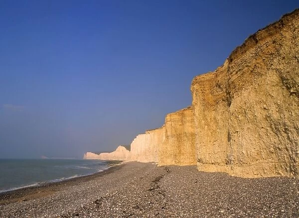 Chalk cliffs coastline with beach and chalk cliffs of the Seven Sisters seen from Birling Gap Birling Gap, Sussex Downs, East Sussex, England, UK
