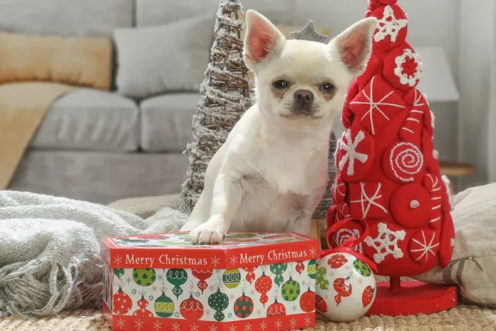 Framed Print : Chihuahua dog indoors at Christmas Date Framed Print : Chihuahua dog indoors at Christmas Date